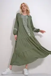 Trend Alaat Stili Women's Khaki V-Neck Ethnic Patterned Skirt Flounced Viscose Dress