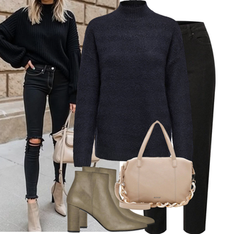 Jeans Outfits Winter met Donkerblauw/zwart Lange Trui Only "Lente Look"