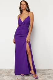 Purple Back Piping Detailed Woven Long Elegant Evening Dress