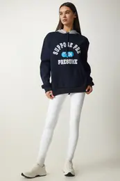 Happiness stanbul Women's Navy Blue Hooded Rayon Printed Sweatshirt