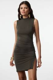 Khaki Body-fitting Piping and Hook Detailed Knitted Mini Dress
