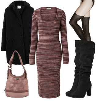 Outfit mit Schwarz/Dunkelblau Strick Große/Parka große Größe/Bouclé Mantel/Pelzmantel/Strickfleece Mantel/Strickmantel/Teddy Mantel/Wollfleece Mantel Noisy may "Streifen Herbstlook"