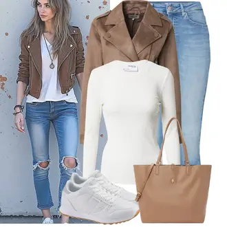 Sommer Vorstellungsgespräch Outfit mit Braun/Khaki/Beige/Grau Kurzjacke/Bikerjacke/Lederjacke/Vintage Lederjacke/Crop Jacke/Kunstlederjacke/Vintage Jacke Only "Schönes Frühlingsoutfit"