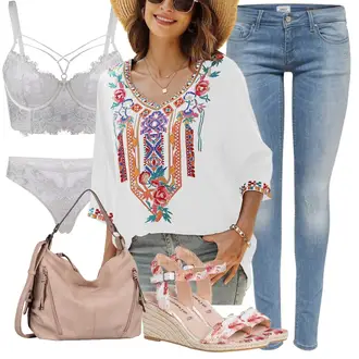 Outfit mit Creme/Mischfarben/Beige/Weiß Bluse Oberteil/Boho-Bluse Seasonal "Perfekt für den Sommer"