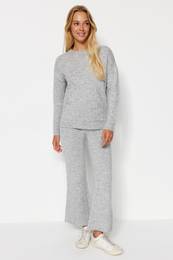Gray Soft Textured Basic Knitwear Top-Bottom Set