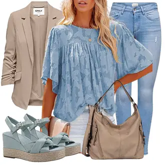 Outfit mit Hellblau/Blau Spitzenbluse/Einfarbige Bluse/Kinderspielzeug/Verspielte Bluse/Crash­bluse/Kurzarmbluse/Boho-Bluse/Bluse Oberteil Uusollecy "Schöner Sommer Look"