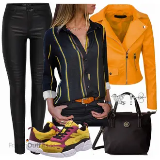 Outfit mit Gelb/Orange Motorradjacke/Jacke mit Seitlichem Reißverschluss/KunstLederjacke/Bikerjacke Rock Creek Selection "Only jeans"