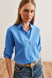 Women's Blue Folded Sleeve Linen Shirt