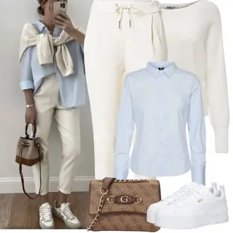 Outfit mit Creme/Weiß/Beige/Khaki Hose Große Größe/Fleecehose/High Waist Hose/Jogger Hose/Musselin Hose/Sporthose/Steghose/Jogginghose/Thermohose VERO MODA "Frühling outfit"