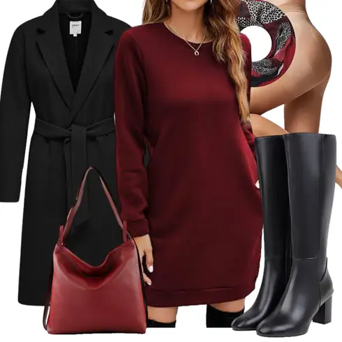 Schwarz/Braun/Weiß Klassischer Stiefel/Spitzer Stiefel/Lammfell Stiefel/ReitStiefel/High Heels Stiefel/WeitschaftStiefel/Langer Stiefel/Kniehoher Stiefel kombinieren mit Dunkelrot/Bordeaux/Rot Langärmliges Winterkleid/Langarm Etuikleid/Hoodie Kleid/Pulloverkleid Yutila