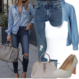 Tapered Outfit sa Plava Traperice s Prorezom/Skraćene Traperice/Girlfriend Traperice/Traperice s Rupom/Boyfriend Jeans/Čizma do Gležnja/Kožne jakne/High Waist Traperice Pieces "Proljetni Outfit"