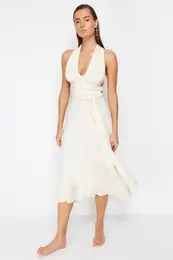 Bridal Ecru Belted Maxi Knitted Tie Beach Dress