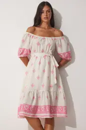 Happiness stanbul Women's Pink Cream Patterned Carmen Collar Summer Linen Dress