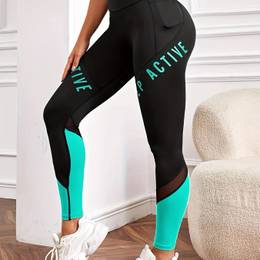 Women's Plus Size High Waist Yoga Leggings With Letter Print, Design, Comfortable Stretch Fabric, And Pockets