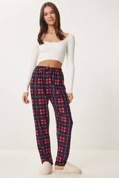 Happiness stanbul Women's Navy Blue Red Patterned Soft Texture Knitted Pajama Bottoms