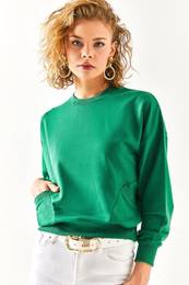 Women's Emerald Green Pocket Detail Soft Textured Sweatshirt