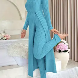[targeted]two-piece Set Of Ribbed Long-sleeved Top And Pants For Women