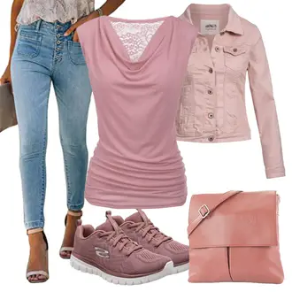 Outfit mit Rosa Crash­bluse/Bluse/Spitzenbluse/Blusenbody/Ärmellose Bluse/Spitzentunika Pinspark "Modisches Freizeit Outfit"