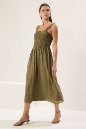 Khaki Plain Gipel Midi Woven Dress