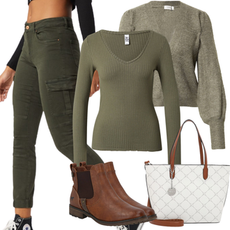 Kurz Outfit mit Braun/Beige Chelsea Boot/Lederjacke/Flache Stiefelette/Reitstiefel Mustang "Perfekt für die Freizeit"