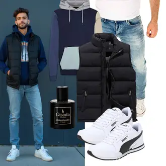 Stehkragen Outfit mit Schwarz/Dunkelgrau Funktionsweste/Ärmellose Weste/Outdoorweste/Reiseweste/Kurze Weste/Daunenweste/Puffer Weste AnyuA "Freizeit Outfit"