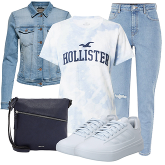 Outfit mit Hellblau/Blau T-Shirt & Top/Caual T-Shirt/Sport Da Trikot/Print Shirt/Kurzarm T-Shirt/T-Shirt Training/T-Shirt Mit Print Hollister "Schönes Frühlingsoutfit"