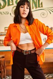 Women's Orange Basic Woven Poplin Shirt