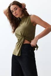 Green Modal High Collar Knitted Blouse with Gathering and Slit Detail