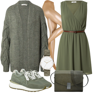 Outfit mit Dunkelgrün/Grün Ärmelloses Kleid/Chiffon Kleid/Lässiges Kleid/Kleid mit Gürtel/Sommerkleid About You "Frühlings Outfit"