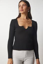 Happiness stanbul Women's Black Square Neck Knitwear Blouse
