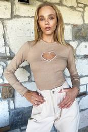 Trend Alaat Stili Women's Beige Crew Neck Heart Embroidery Low-cut Camisole Blouse