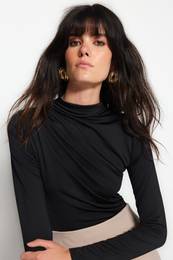 Black Drawstring Detailed Stand-Up Collar, Stretchy Knitted Bodysuit