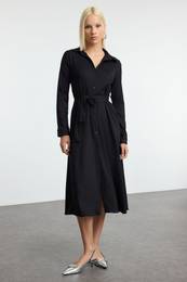 Black Crepe Shift Belted Long Sleeve Stretch Knit Dress