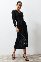 Black Belted Linen Look Woven Shirt Dress