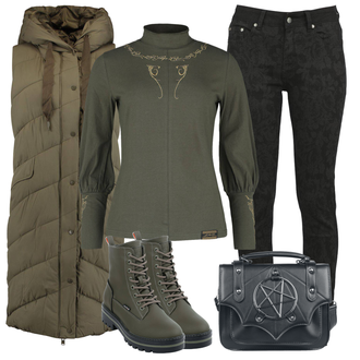 Outfit mit Dunkelgrün/Khaki/Braun Trachtenweste/Ärmellose Weste/Steppweste/Jagdweste/Reiseweste/Kurze Weste/Outdoorweste/Puffer Weste/Lange Weste/Daunenweste Hailys "Cooles Herbst Outfit"