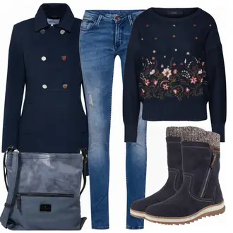 Winter Outfits Festlich mit Blau/DunkelBlau Diabetiker-Tasche/Gürteltasche/Mannstasche/Mini-Rucksack/Wasserdichte Tasche/Tragetasche Tom Tailor "veromodapullover"Look: Uni, Indoor, Old Money, Elegant, Coole, Festlich, Punk, Premium