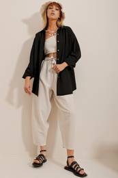 Trend Alaat Stili Women's Black Oversized Linen Shirt