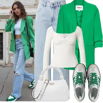 Knielang Outfit mit Hellgrau/Dunkelgrün/Grün/Grau Leder Sneaker/Sneaker Low/Plateau-Sneaker/Skateschuh/Schmaler Sneaker/Sommer Sneaker/Vintage Sneaker Adidas Originals "Frühling outfit"