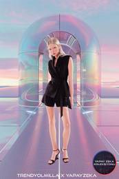 X Artificial Intelligence Black Slim Tulle Detailed Belted Vest