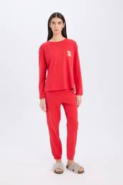 Fall in Love Christmas Themed Pajama Set Long Sleeve Top Elastic Waist Long Bottom