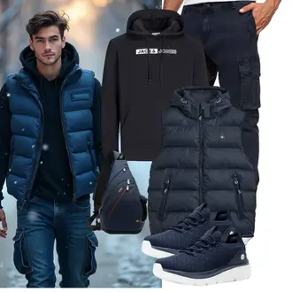 Rave Outfit mit Schwarz/Dunkelblau/Dunkelgrau Damen Pullover/Ausgefallener Hoodie/Partner Hoodie/Vintage Hoodie/Sport Hoodie/Hoodie/Unisex Hoodie Jack & Jones "Freizeit Outfit"Look: Pop Konzert, Schule, Rave, Electro, Bar