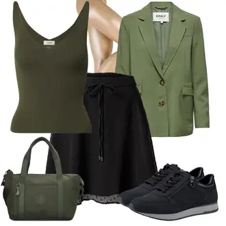 20-ih godina Outfit sa Tamnozelena/Zeleno/Kaki Hlača Velika Veličina/Haljina Veći Broj/Kratke hlače velike veličine JdY "Moderni proljetni outfit"Look: Francuske, Mom, Old Money, Talijanski, Elegantan, 20-ih godina, Jazz