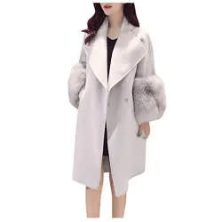 FRAUIT Wollmantel Damen Faux Pelz Ärmel Wintermantel Herbstjacke Elegant Zweireihiger Trenchcoat Parka Lang Mantel Übergangsjacke Dufflecoat Outwear
