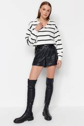 Ecru Polo Neck Striped Thick Regular/Normal Fit Knitted Sweatshirt