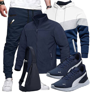 Outfit mit Dunkelblau/Blau Stoffhose/Jogginghose/Boyfriend Hose/Funktionshose/Trainingshose/Jogger Hose/Capri JMIERR "Cooles Outfit"