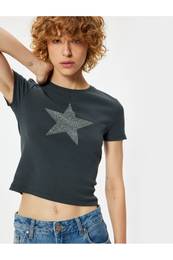 Short Sleeve T-Shirt Crew Neck Stone Detailed Star Printed Slim Fit
