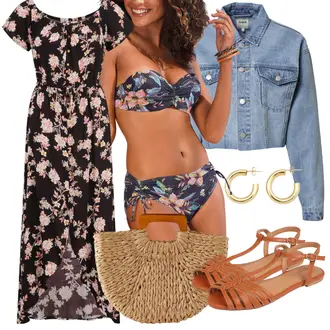 Outfit mit Orange/Braun/Beige/Rot Riemchen Sandale/Römer Sandale/Fisherman Sandale/Vintage Sandale/Geflochtene Sandale/Sommer Schuh/RiemchenBallerina/T-Strap-Sandale About You "Vestito da spiaggia"