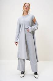 Trend Alaat Stili Women's Greymelanj Shoulder Padded Bike Neck Blouse Trousers and Cardigan Set