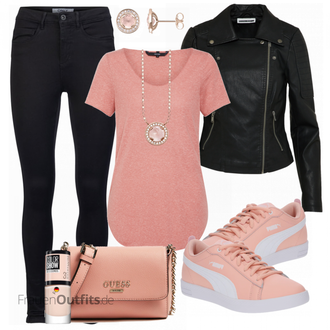 Outfit mit Schwarz/Dunkelgrün Mantel/Bikerjacke/KunstLederjacke/Lederjacke/Motorradjacke Noisy may "VERO MODA TShirt Vmlua rosa"