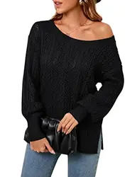 Clearlove Strickpullover Damen Einfarbig Schulterfrei Pullover Schwarz Off Shoulder Strickpulli Langärmeliges Pulli Herbst Winter Knitted Sweater Winterpullover L